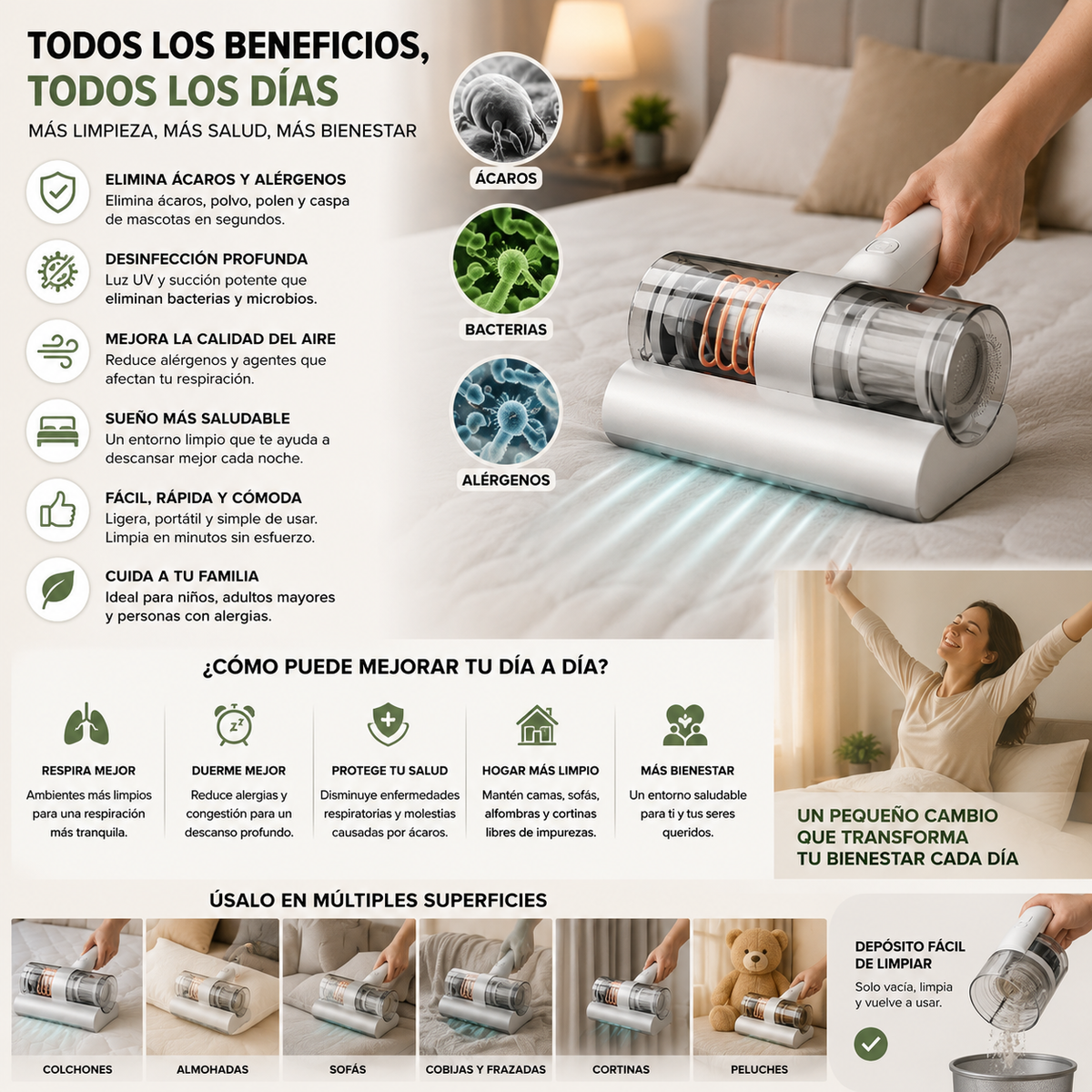 ÁCAROVAC™ ELIMINA ÁCAROS, POLVO Y ALÉRGENOS PARA DISFRUTAR DE UN HOGAR MÁS LIMPIO.