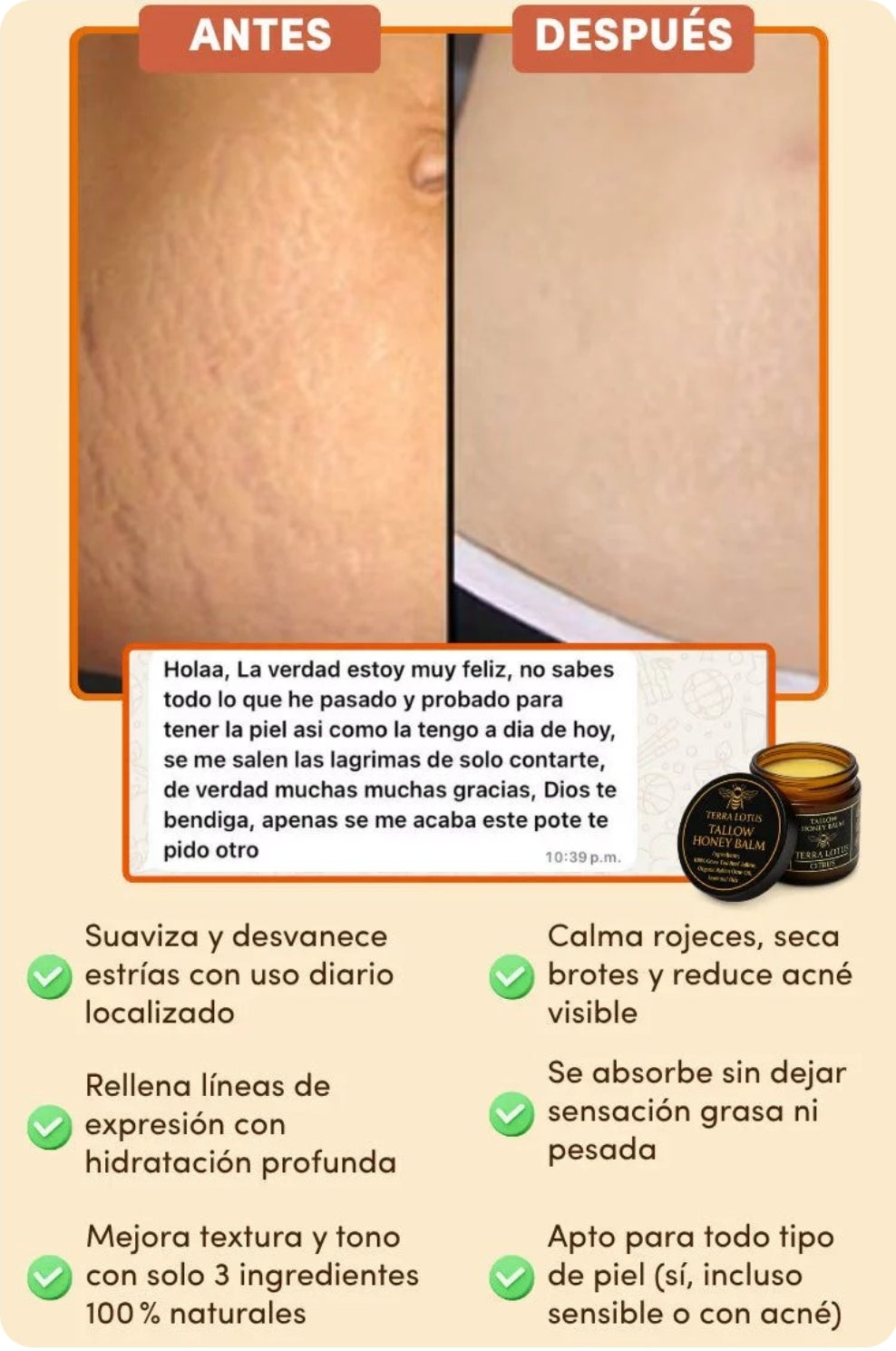 Bálsamo Orgánico de Sebo de Res y Miel-Elimina estrías, acné y líneas de expresión en segundos
