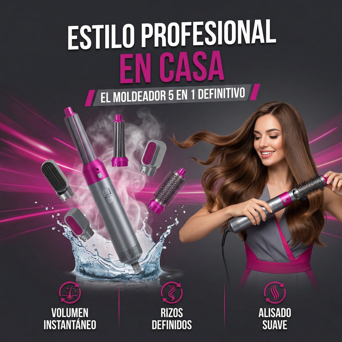 Cepillo Secador 5 en 1 – Seca, Riza y Alisa – Peinado Profesional en Casa en Minutos