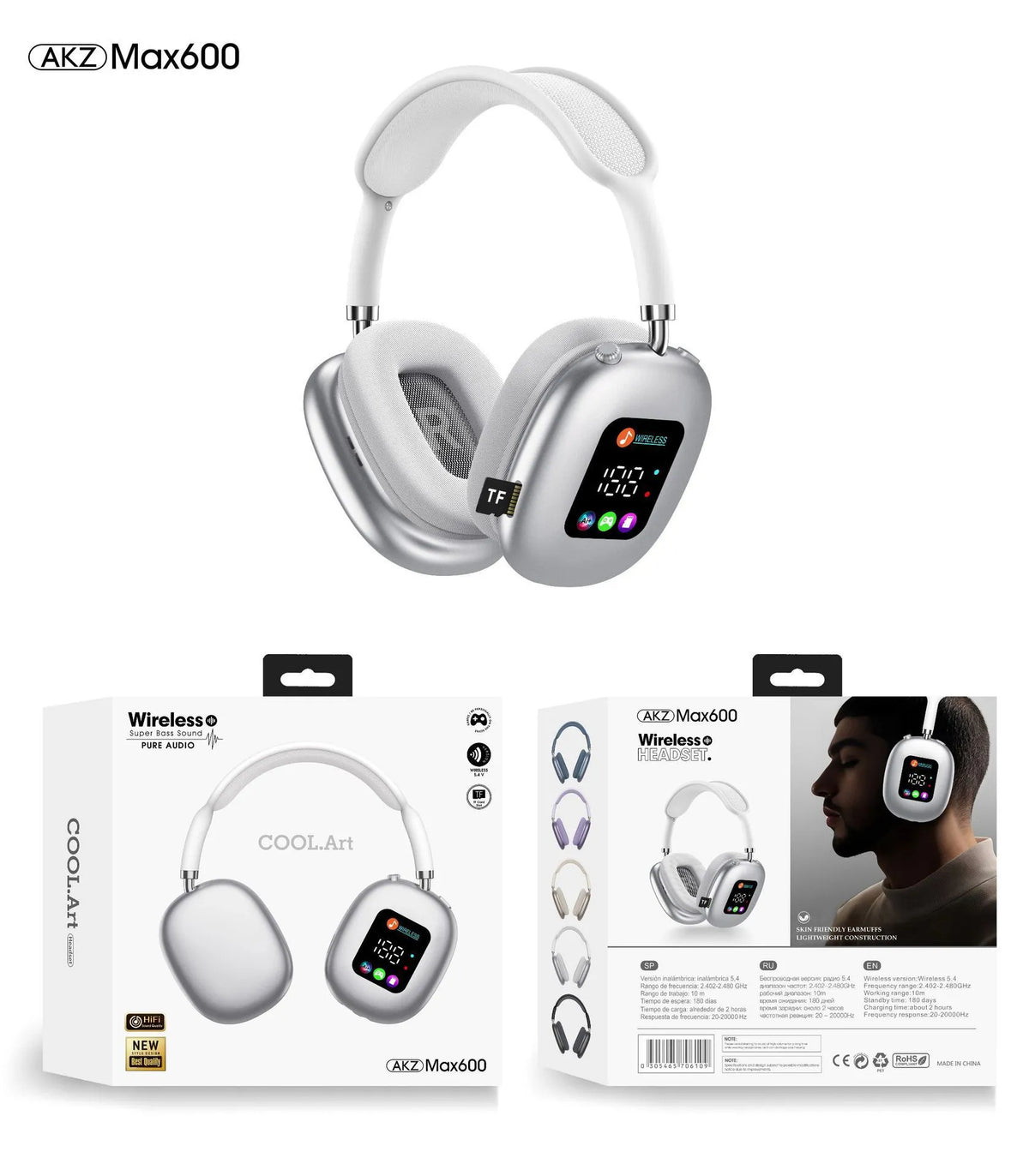 Akz Max600 Auriculares Inalámbricos Over-Ear con Pantalla Digital