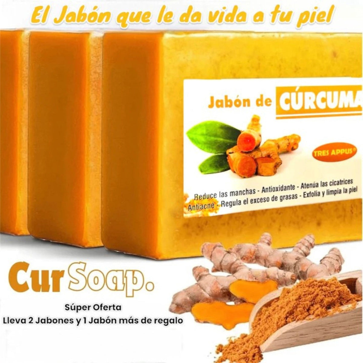 CurSoap™ - Jabón de Cúrcuma Natural ¡LIBERATE DE LAS MANCHAS Y EL ACNE! 🧼🍂 Lleva 3 y Paga 1😱