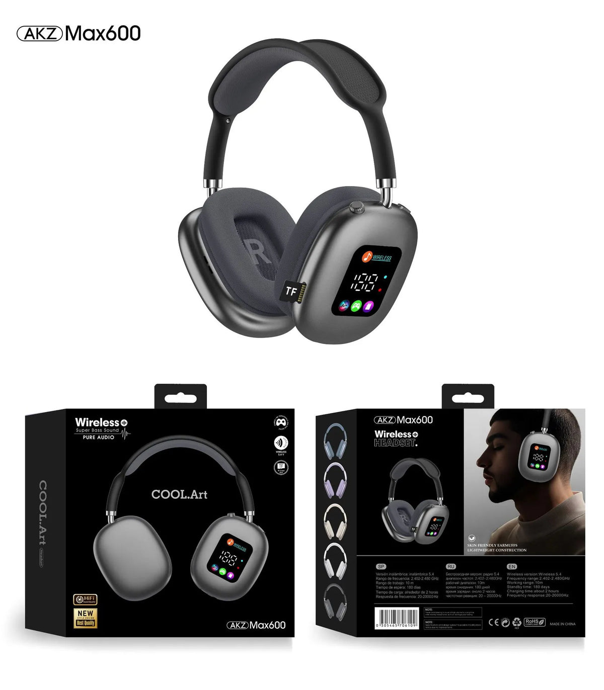 Akz Max600 Auriculares Inalámbricos Over-Ear con Pantalla Digital