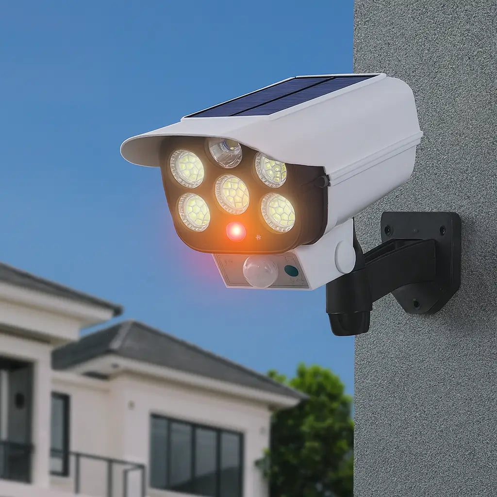 🔆 Foco LED Solar Tipo Cámara – 🏠 Ilumina tu hogar y ahuyenta intrusos – 🌙 Seguridad 24 h sin gastar luz 💡