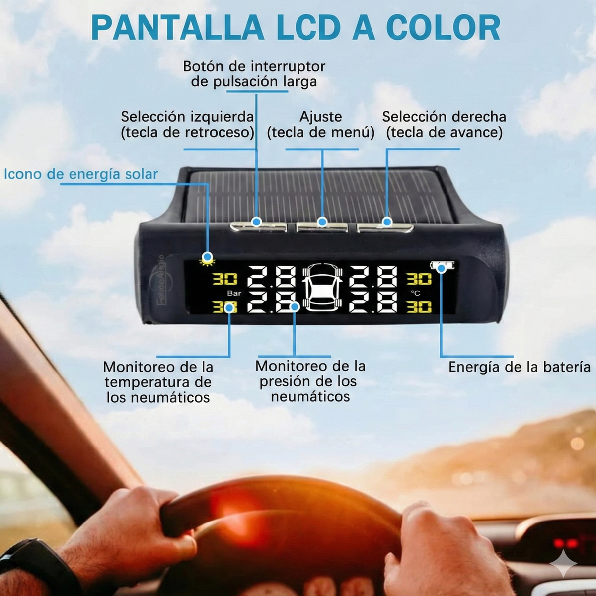Sistema TPMS Solar – Monitorea Presión en Tiempo Real – Maneja Seguro desde el Primer Día