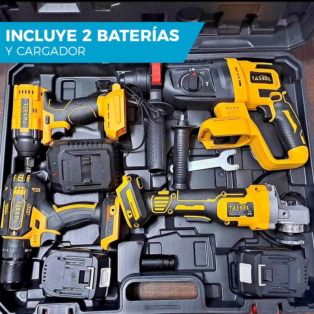 SET PROFESIONAL DE 4 HERRAMIENTAS TASBEL™ 98V | ⚡️ ROTOMARTILLO LLAVE DE IMPACTO ESMERIL Y TALADRO