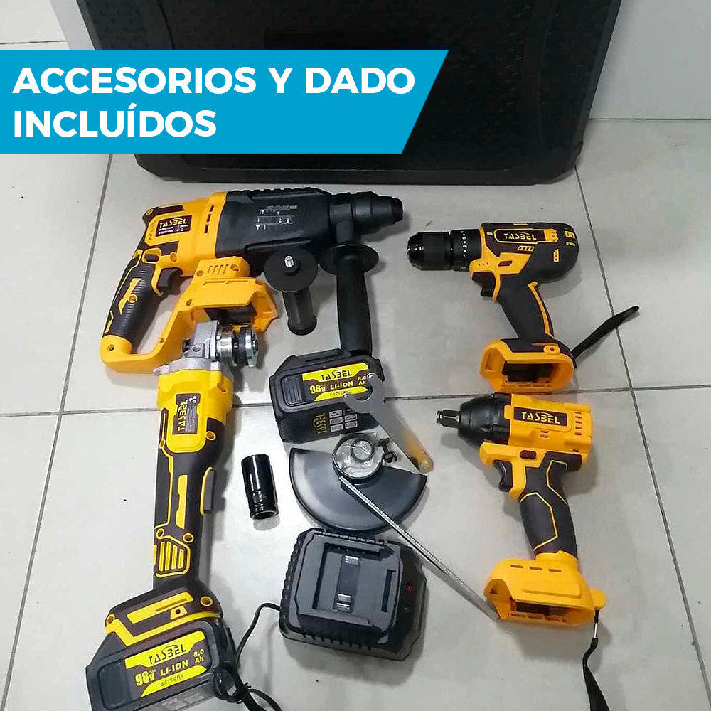 SET PROFESIONAL DE 4 HERRAMIENTAS TASBEL™ 98V | ⚡️ ROTOMARTILLO LLAVE DE IMPACTO ESMERIL Y TALADRO