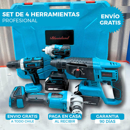 SET PROFESIONAL DE 4 HERRAMIENTAS | LLAVE DE IMPACTO ROTOMARTILLO ESMERIL Y TALADRO