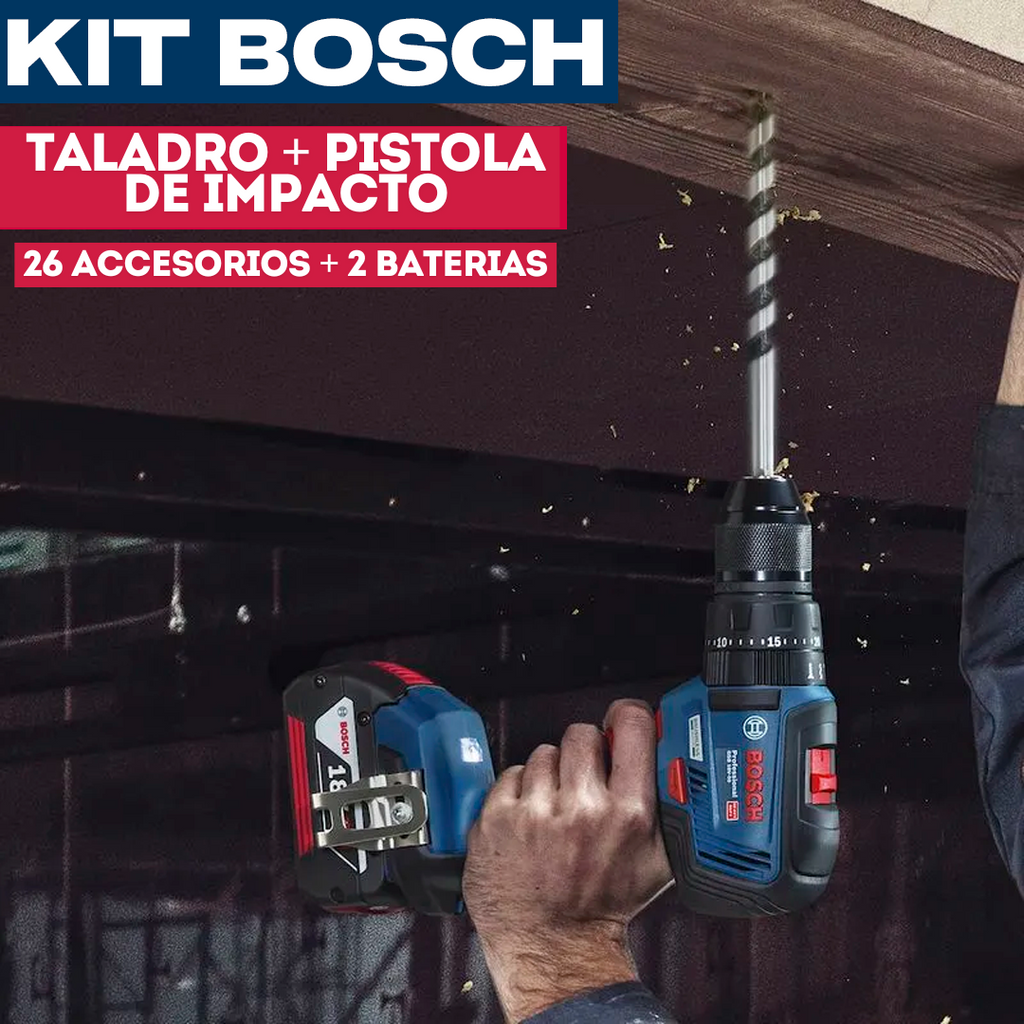 KIT BOSCH ORIGINAL: TALADRO INALÁMBRICO + PISTOLA DE IMPACTO + 26 ACCESORIOS + 2 BATERIAS - PROMOCION CIERRE DE LA TIENDA - ENVÍO GRATIS
