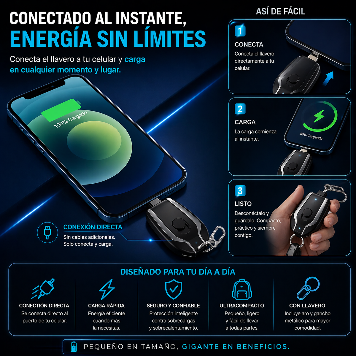 🔋 💫 ✨Mini Power Bank Llavero – Energía de Emergencia en tu Bolsillo💫 ✨+ ENVÍO GRATIS 🚚