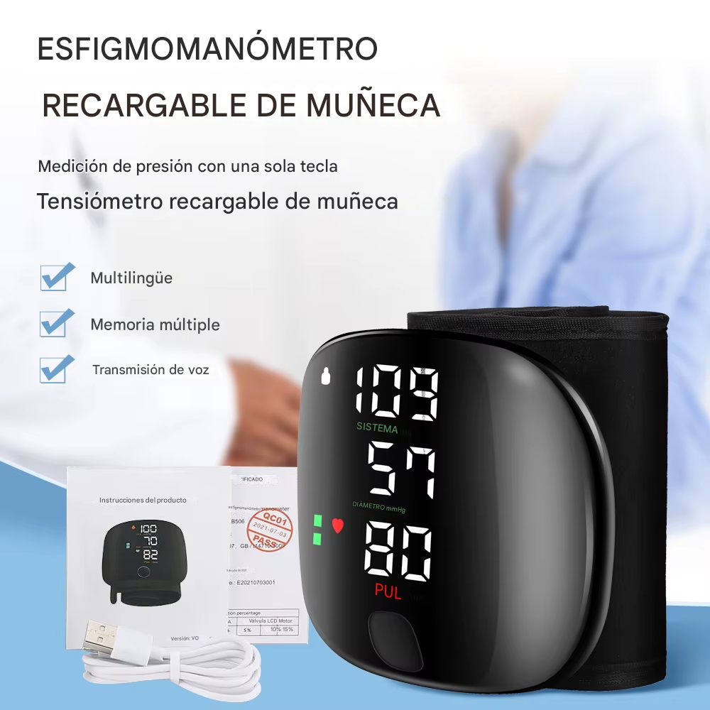 Tensiometro digital de muñeca con Voz indicador en Español